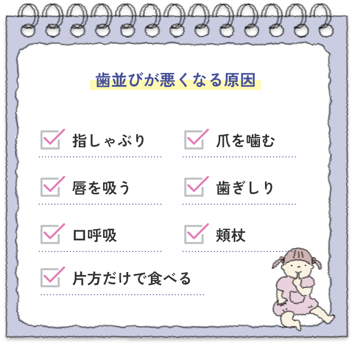 歯並びが悪くなる原因 指しゃぶり 爪を噛む 唇を吸う 歯ぎしり 口呼吸 頬杖 片方だけで食べる